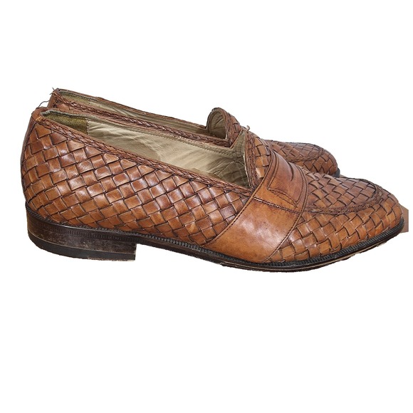 Florsheim Penny Loafers Mens 8 D Brown Woven Leather Slip On Italy 93066 - Picture 1 of 11